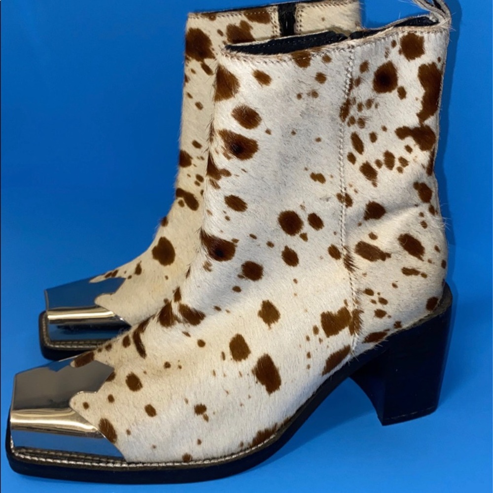 Pony style calfskin booties with square metal toe